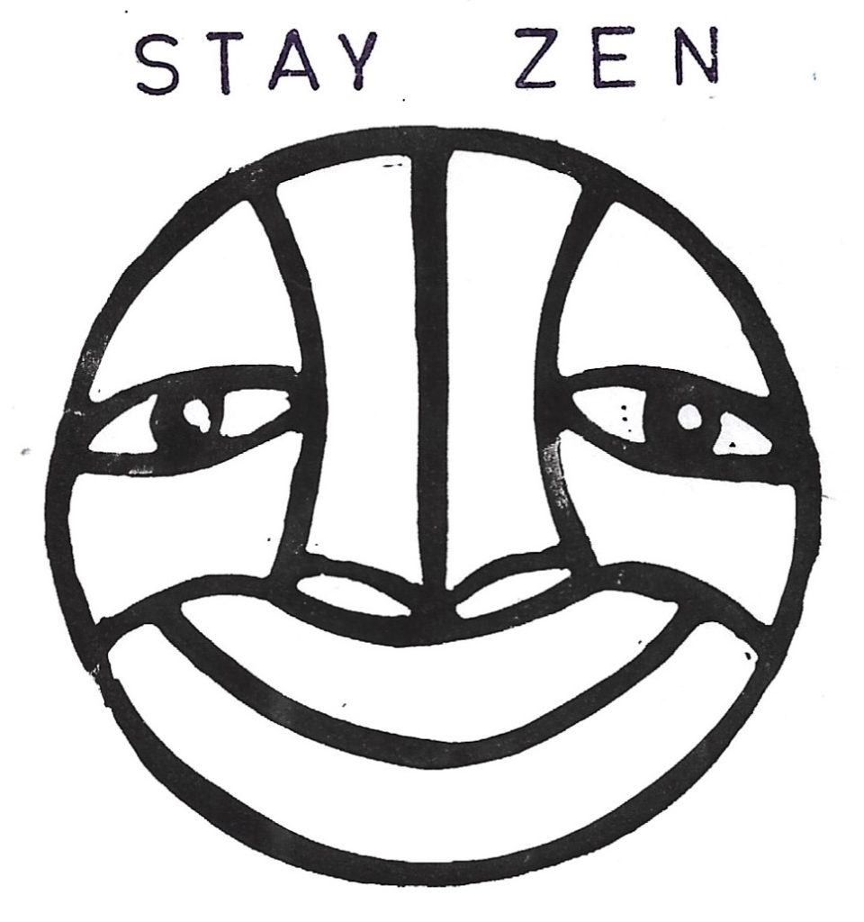 Smiling Buddhy figure with a mindful smile below the text Stay Zen 
